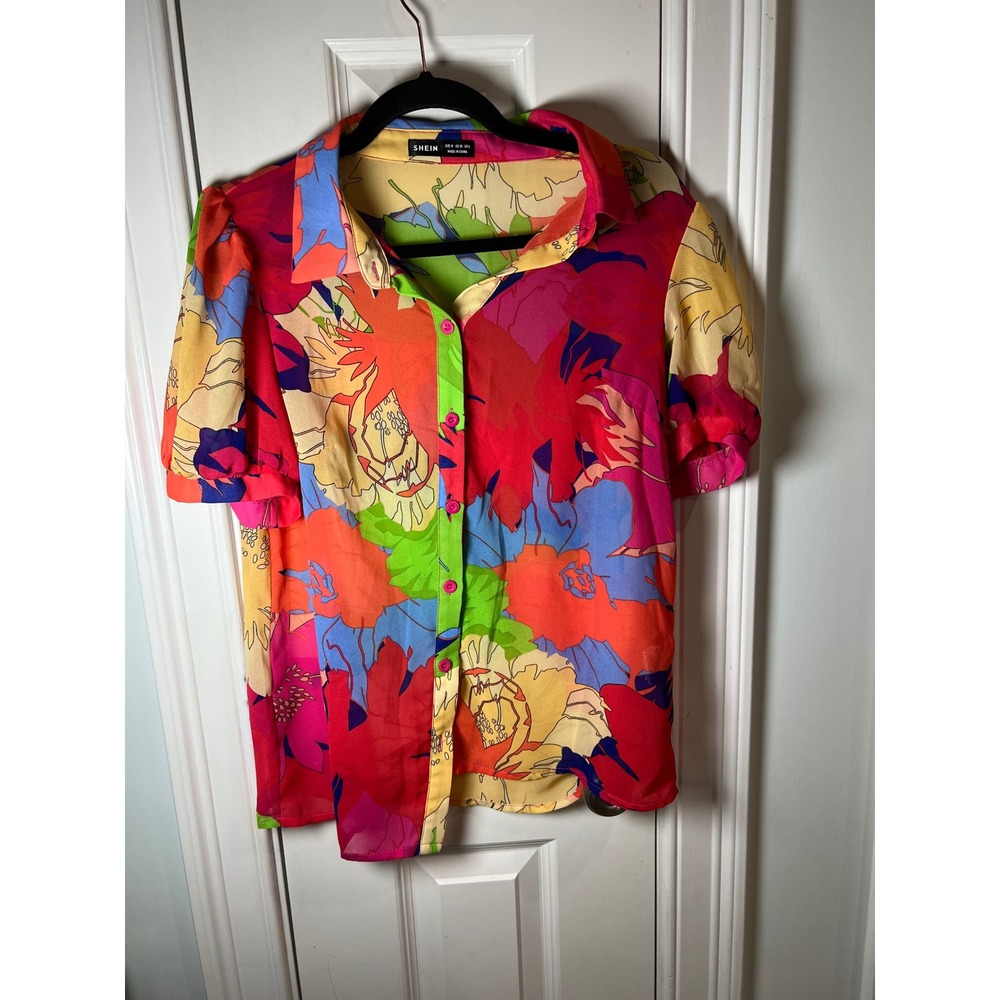 SHEIN Womens Floral Button Down Blouse Short Puff Sleeve Multi Color Top Size M
